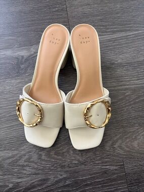 a new day Cream Slide Mules with Decorative Gold Buckles